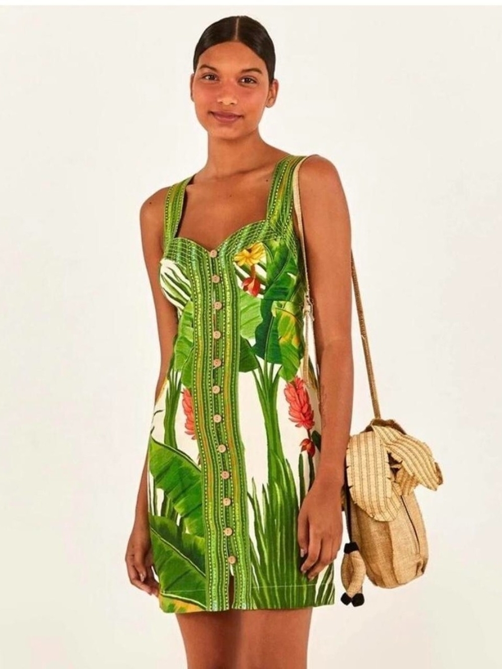 🐒💖 Stunning FARM Rio Linen Green Tropical Print Dress - Brand New - S/M